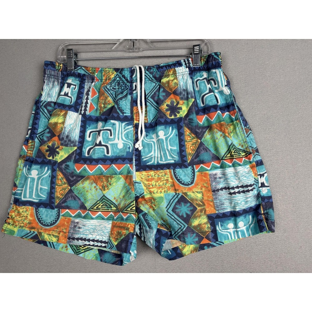 Pacific Scene Swim Trunks Mens Large Multicolor Geometric Mesh Lined Drawstring
